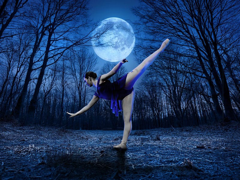 montage photo of dancer balance with blue moon behind by dance photographer in Fife