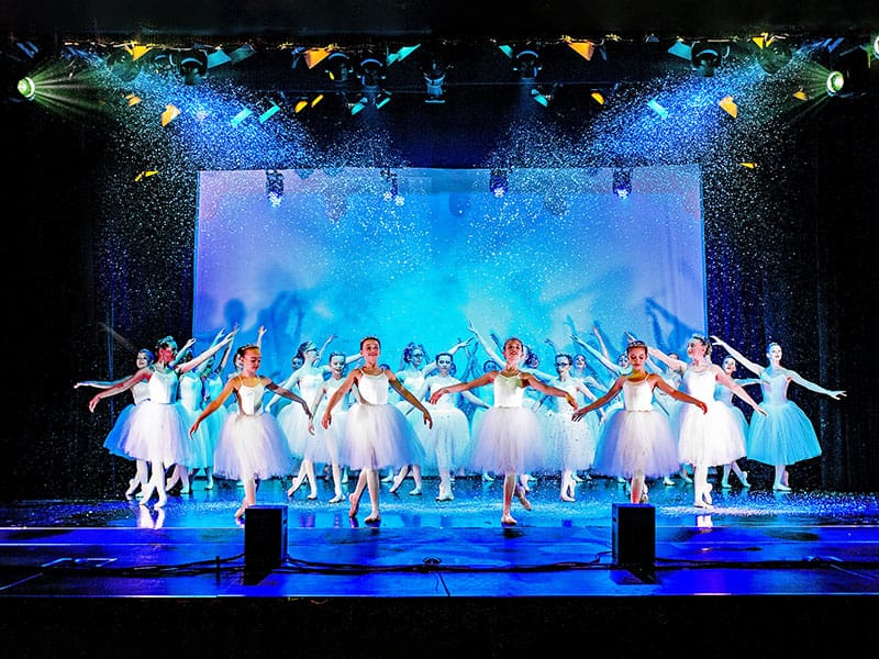 dancers on stage in white costumes with snow effect by dance photographer in Fife